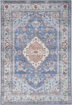 5' X 7' Ivory Red and Blue Oriental Distressed Non Skid Area Rug