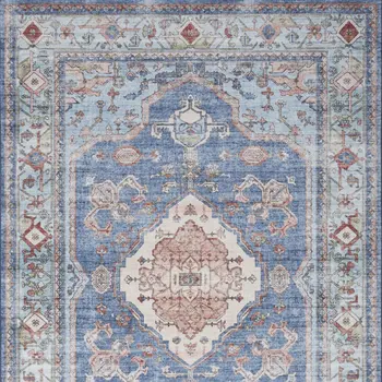 5' X 7' Ivory Red and Blue Oriental Distressed Non Skid Area Rug