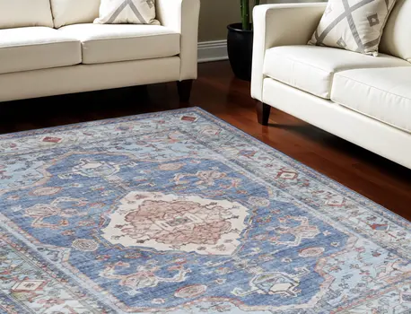 5' X 7' Ivory Red and Blue Oriental Distressed Non Skid Area Rug