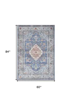 5' X 7' Ivory Red and Blue Oriental Distressed Non Skid Area Rug