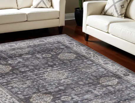 5' X 7' Charcoal and Ivory Oriental Distressed Non Skid Area Rug