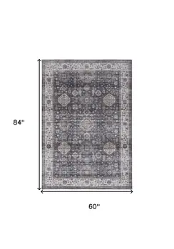 5' X 7' Charcoal and Ivory Oriental Distressed Non Skid Area Rug