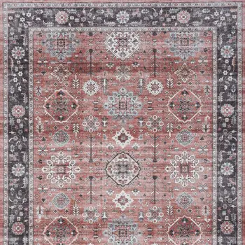 5' X 7' Brick Red and Black Oriental Distressed Non Skid Area Rug