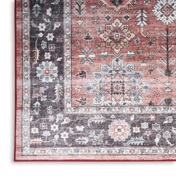 5' X 7' Brick Red and Black Oriental Distressed Non Skid Area Rug