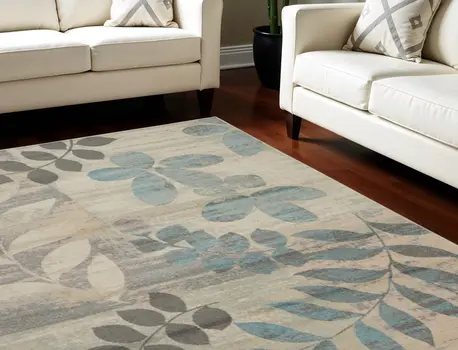 7' X 10' Ivory Gray And Blue Botanical Leaves Area Rug