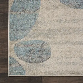 7' X 10' Ivory Gray And Blue Botanical Leaves Area Rug