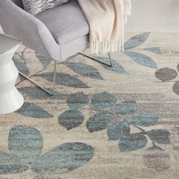 7' X 10' Ivory Gray And Blue Botanical Leaves Area Rug