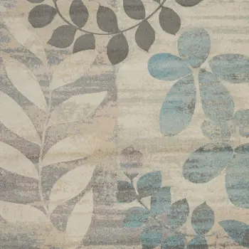 7' X 10' Ivory Gray And Blue Botanical Leaves Area Rug