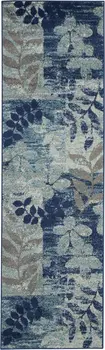 7' Navy Blue Light Blue and Gray Botanical Leaves Runner Rug