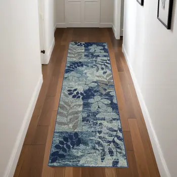 7' Navy Blue Light Blue and Gray Botanical Leaves Runner Rug
