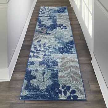 7' Navy Blue Light Blue and Gray Botanical Leaves Runner Rug