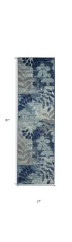 7' Navy Blue Light Blue and Gray Botanical Leaves Runner Rug