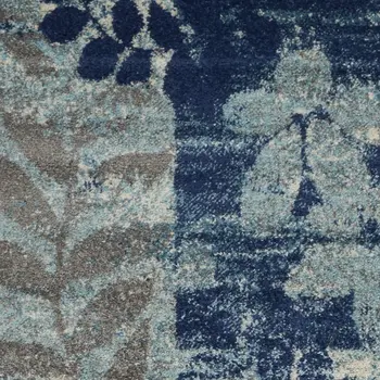 7' Navy Blue Light Blue and Gray Botanical Leaves Runner Rug