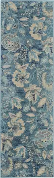 7' Turquoise Cream and Navy Blue Floral Distressed Runner Rug