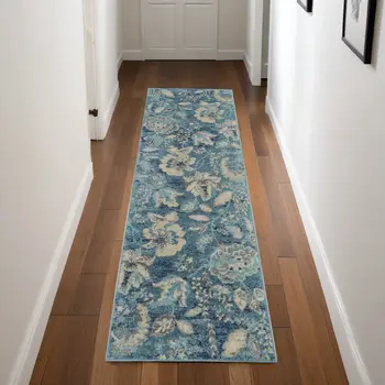 7' Turquoise Cream and Navy Blue Floral Distressed Runner Rug