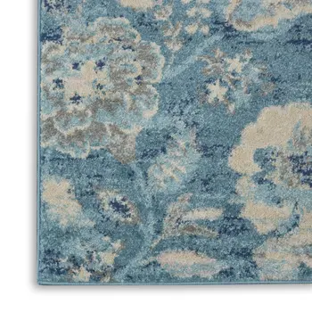 7' Turquoise Cream and Navy Blue Floral Distressed Runner Rug