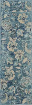7' Turquoise Cream and Navy Blue Floral Distressed Runner Rug