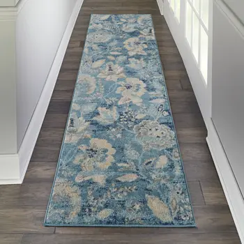 7' Turquoise Cream and Navy Blue Floral Distressed Runner Rug