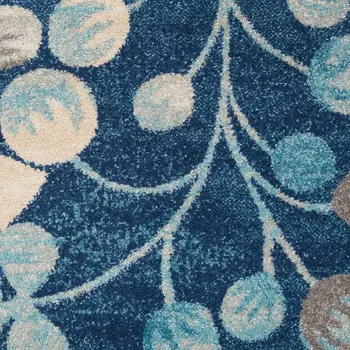 7' Turquoise Cream and Navy Blue Floral Distressed Runner Rug