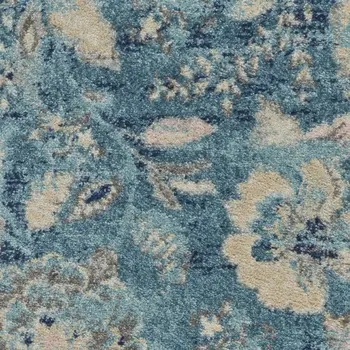 7' Turquoise Cream and Navy Blue Floral Distressed Runner Rug