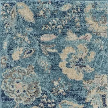 7' Turquoise Cream and Navy Blue Floral Distressed Runner Rug