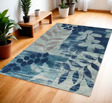 4' X 6' Navy Blue Light Blue and Gray Botanical Leaves Area Rug