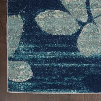 4' X 6' Navy Blue Light Blue and Gray Botanical Leaves Area Rug
