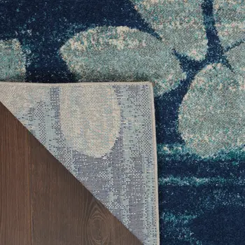 4' X 6' Navy Blue Light Blue and Gray Botanical Leaves Area Rug