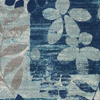 4' X 6' Navy Blue Light Blue and Gray Botanical Leaves Area Rug