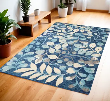 4' X 6' Navy Blue and Beige Botanical Leaves Area Rug
