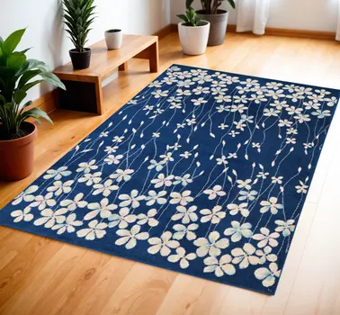 4' X 6' Navy Blue and Ivory Floral Area Rug