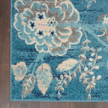 4' X 6' Turquoise Cream and Navy Blue Floral Distressed Area Rug