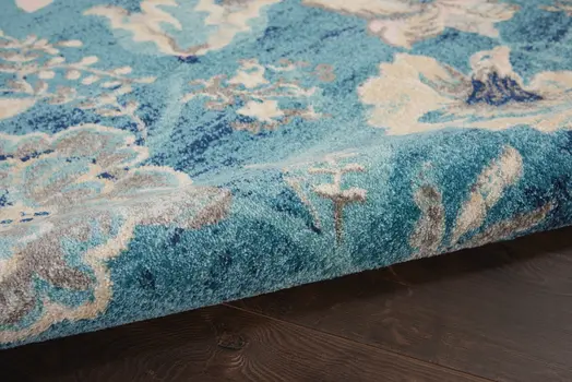 4' X 6' Turquoise Cream and Navy Blue Floral Distressed Area Rug