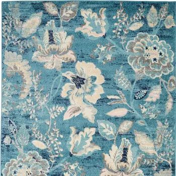 4' X 6' Turquoise Cream and Navy Blue Floral Distressed Area Rug