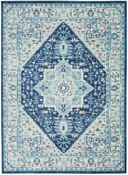 4' X 6' Ivory And Navy Blue Floral Medallion Distressed Area Rug