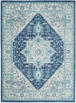 4' X 6' Ivory And Navy Blue Floral Medallion Distressed Area Rug