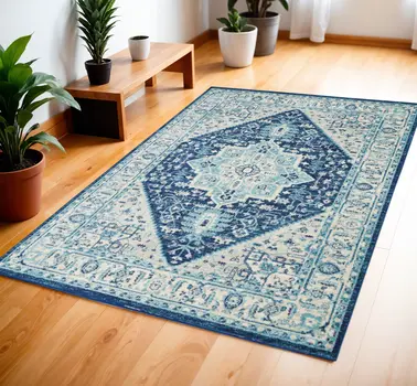 4' X 6' Ivory And Navy Blue Floral Medallion Distressed Area Rug