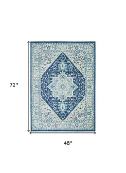 4' X 6' Ivory And Navy Blue Floral Medallion Distressed Area Rug