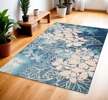 4' X 6' Navy Blue and Ivory Floral Area Rug