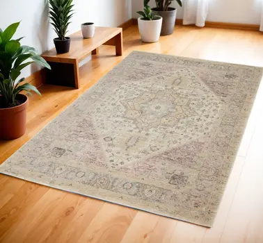 4' X 6' Ivory Pink And Gray Floral Distressed Area Rug