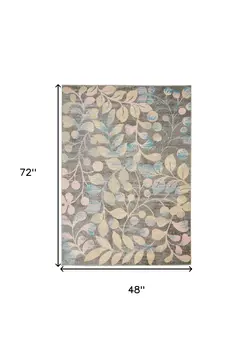 4' X 6' Beige Gray And Blue Botanical Leaves Area Rug