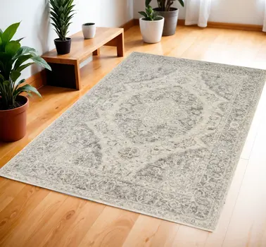 4' X 6' Ivory And Gray Floral Medallion Distressed Area Rug