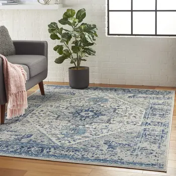 4' X 6' Ivory And Light Blue Floral Medallion Distressed Area Rug