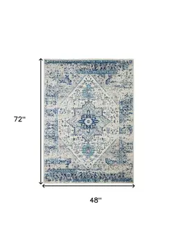 4' X 6' Ivory And Light Blue Floral Medallion Distressed Area Rug