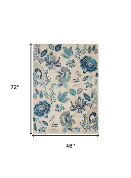 4' X 6' Ivory Navy Blue And Light Blue Floral Area Rug
