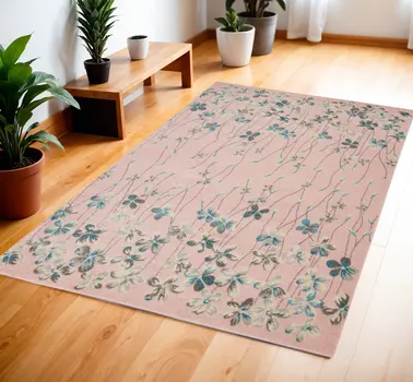 4' X 6' Pink Gray and Blue Botanical Leaves Area Rug