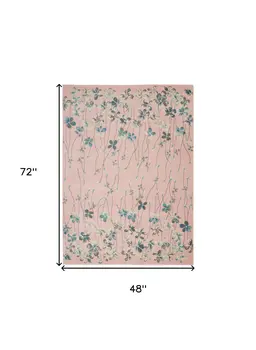 4' X 6' Pink Gray and Blue Botanical Leaves Area Rug