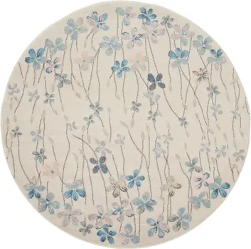 5' Ivory And Blue Floral Round Rug