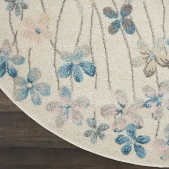 5' Ivory And Blue Floral Round Rug