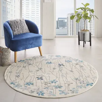 5' Ivory And Blue Floral Round Rug